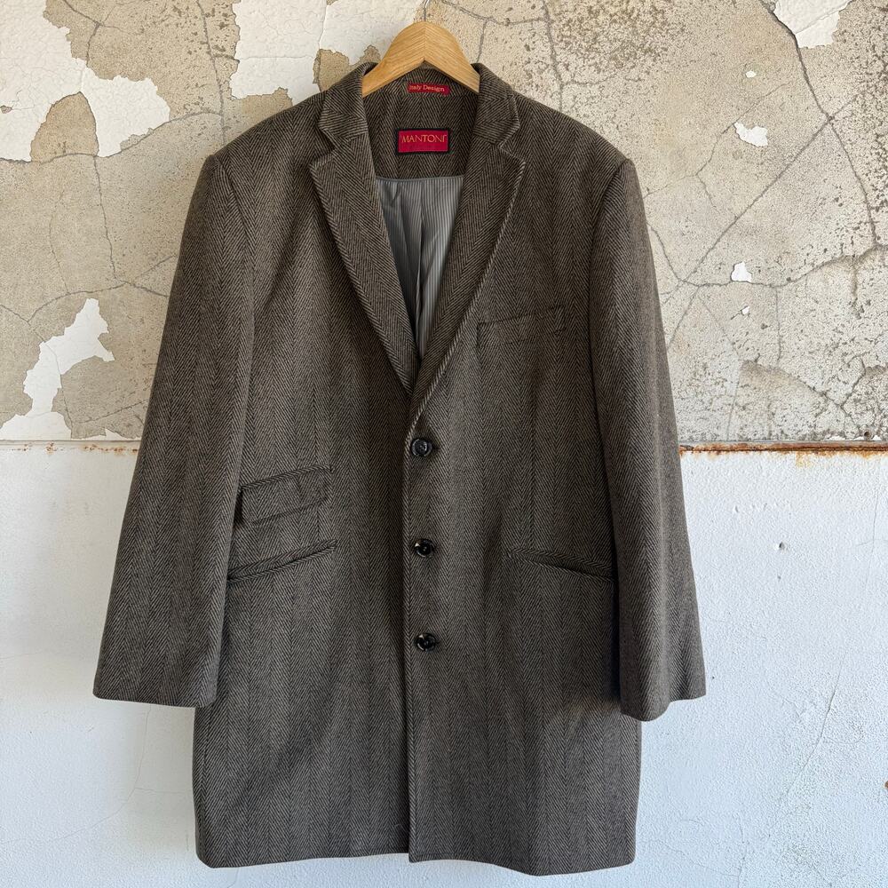 Herringbone Tweed Coat Brown Wool Winter Overcoat Mantoni Italy Mens 48 Academia